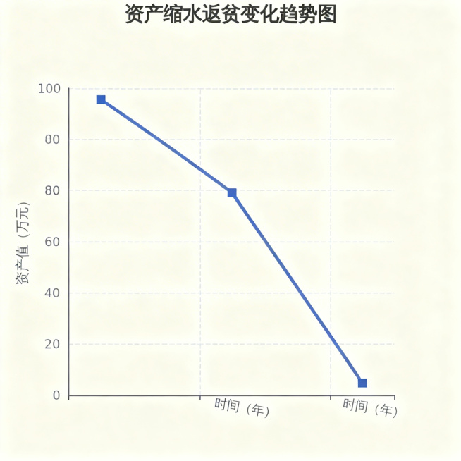 生成一张返贫主题的金融图表，展示资产缩水返贫的变化趋势，延续低饱和度专业金融风格，使用折线图呈现下降过程，简洁清晰预览效果