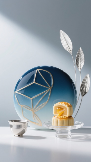 高光泽陶瓷质感的月饼主视觉，采用现代简约风格，以青蓝渐变与鎏金点缀为配色，圆形月饼表面刻有几何线条构成的抽象花纹，部分月饼被切开露出流心奶黄内馅，搭配透明玻璃托盘与银色金属茶具，背景为浅灰色磨砂质感，右侧放置几片细长的银色金属叶片装饰，整体构图采用对称美学，光线从左上方斜射形成柔和阴影，突出月饼的立体感与材质对比，营造出时尚雅致的中秋氛围。预览效果