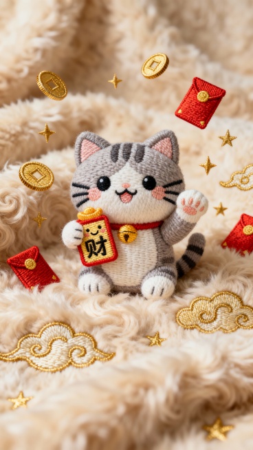一幅以发财为主题的卷毛质感刺绣壁纸，整体采用毛绒布料为背景，一只可爱的玩偶小猫举着一张小而简单的财富符。符咒上有一个笑脸和"财"字。猫咪正在挥爪，周围漂浮着金币和红包。柔和光线，点缀金色的祥云、星星等预览效果