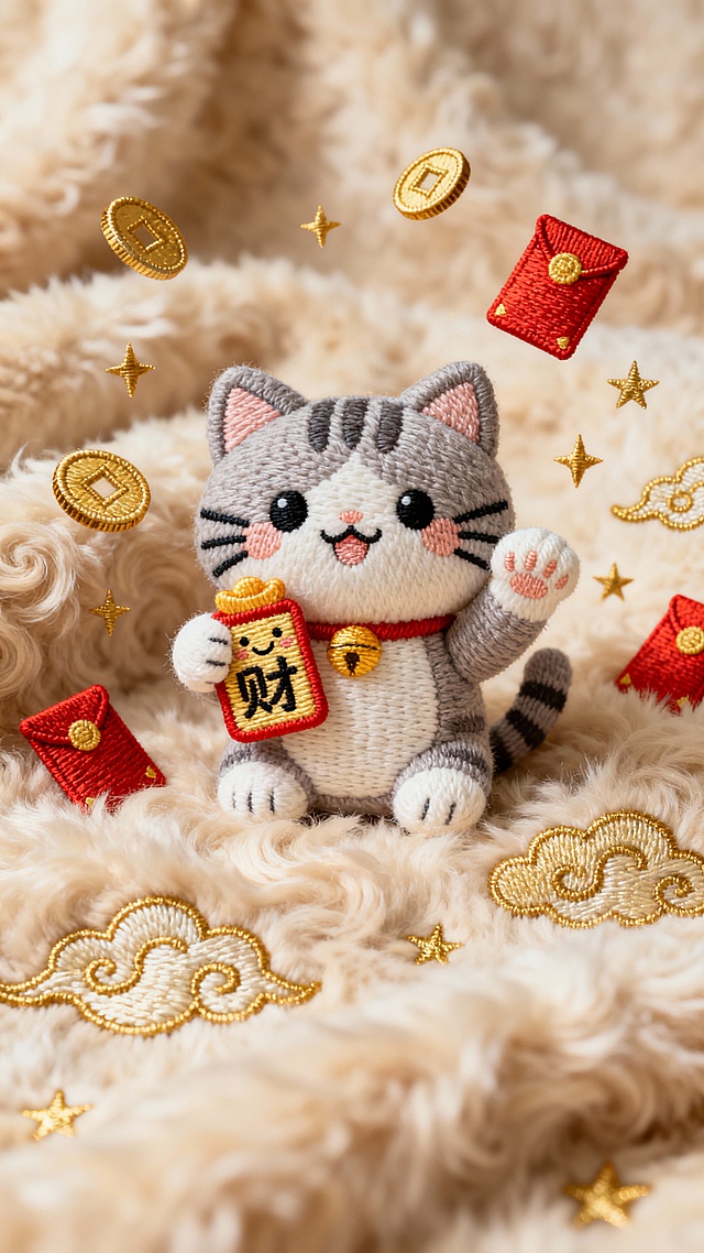 软3D刺绣风猫咪，手持“财”字红包，周身环绕金 coin 与祥云，融合国潮元素，萌趣喜庆，尽显春节氛围。