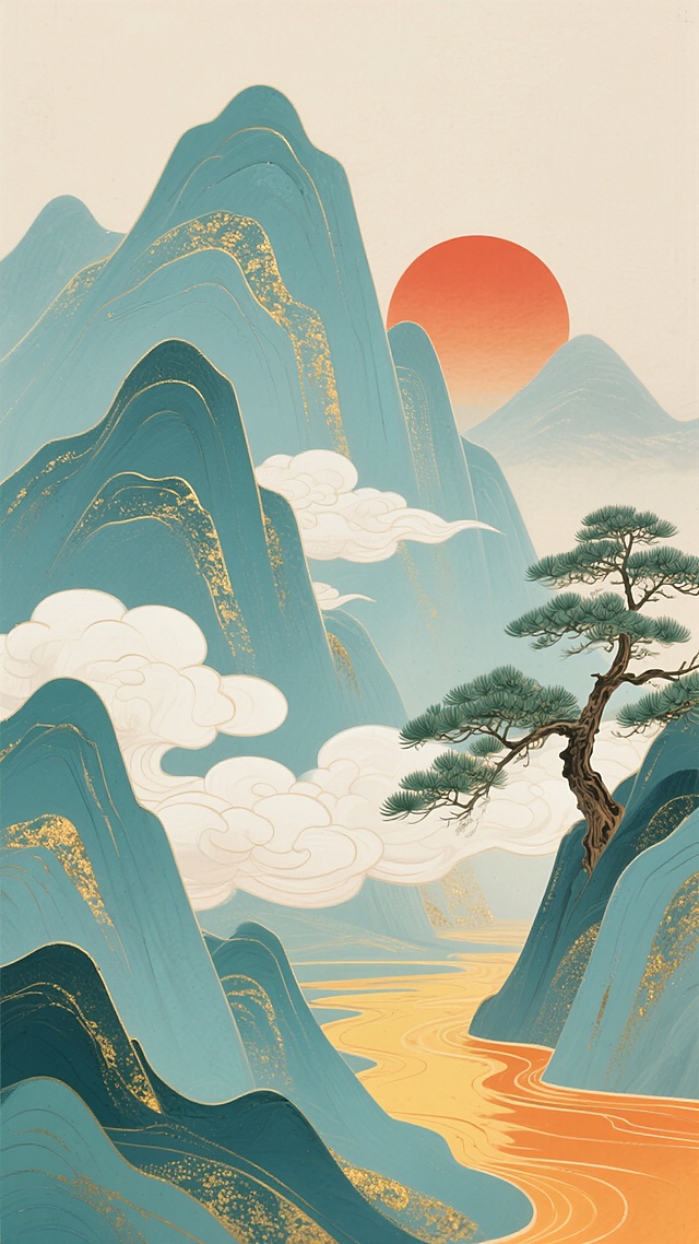 国潮风格插画，以淡青色为主色调的层叠山峦，山峰轮廓用金色线条勾勒并点缀金色纹理，右侧及山间生长着枝桠舒展的青松，山间漂浮着形态柔和的白色云朵，底部蜿蜒流淌着橙黄色的河流，背景中一轮橙红色的太阳从左侧山峰后升起，整体画面采用平滑的数字绘画质感，构图呈现从左至右的自然延伸感，营造出宁静悠远又富有东方韵味的国潮山水意境。