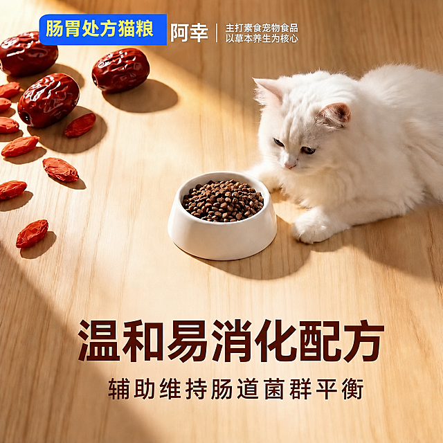 基于上一步修改后的肠胃处方猫粮海报，保留所有其他元素不变：保留左上角蓝色框的肠胃处方猫粮、阿幸品牌文字、主打素食宠物食品以草本养生为核心文字；保留左侧红枣枸杞等草本食材、中间猫粮碗、白色猫咪，右上角已经移除分享文字保持原木木纹背景不变；现在需要删除底部原来的文字「618年中国粮盛典 全场85折 活动时间：5月21日——6月21日」，替换为新文案：大字标题写「温和易消化配方」，下方小字写「辅助维持肠道菌群平衡」，文案颜色使用深棕色，和原海报文字颜色保持一致，排版保持中心对齐，整体风格和原海报协调统一，保持商业海报质感，光线自然，文字清晰，背景纹理自然。