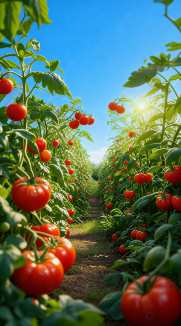 去掉图片上方的阳光棚顶，替换为晴朗蓝色的自然天空，保留地面和西红柿植株不变，保持高清画质预览效果