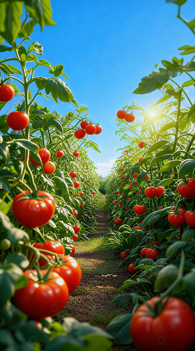 去掉图片上方的阳光棚顶，替换为晴朗蓝色的自然天空，保留地面和西红柿植株不变，保持高清画质