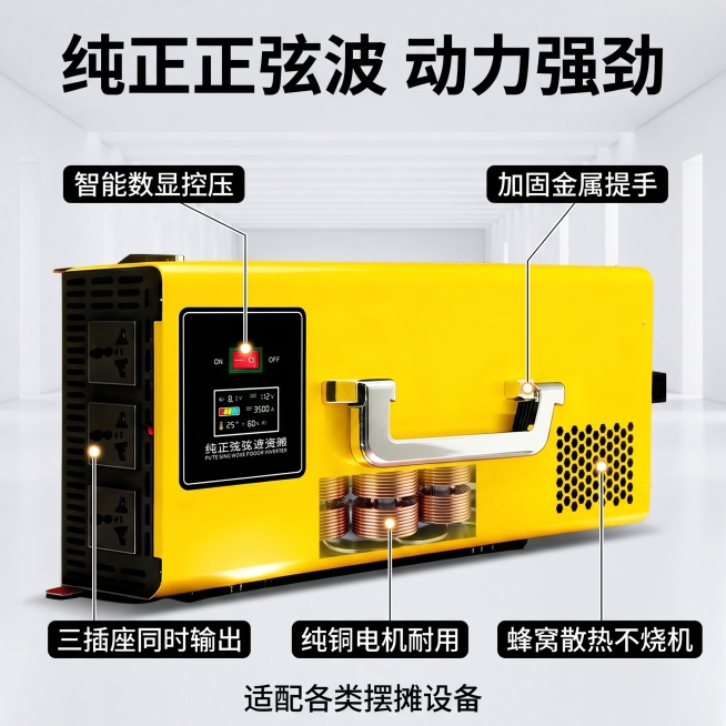 [主图 2] 摆摊移动电源核心性能卖点页。
[氛围风格] 专业硬核技术风，信息清晰直观；
[画质] 商业摄影质感、光线明快通透、产品清晰真实、画面干净高级。
[元素] 黄色逆变电源主体放大居中占画面6预览效果