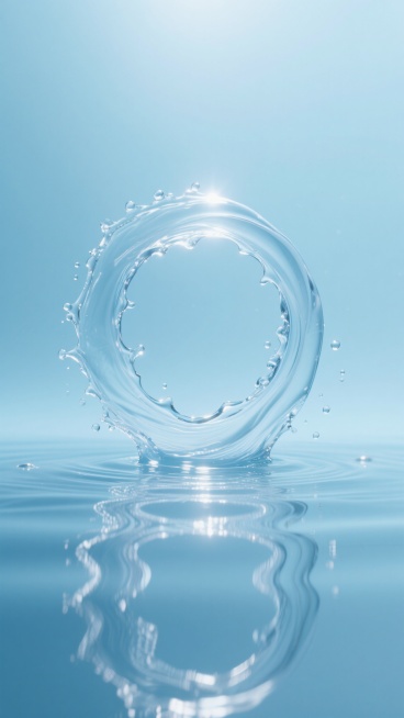 超写实摄影风格，纯净浅蓝色渐变背景，清澈透明的水以优美的环形波浪形态从水面优雅涌起，形成流畅连贯的水环结构，水环边缘带有细腻的水花和飞溅的水珠，水面平静且呈现完美的镜面反射效果，光线从顶部柔和洒落，在水环内侧形成明亮的高光区域，水珠表面有清晰的反光点，整体画面营造出宁静、纯净、富有动感的氛围，水质感通透，细节丰富，无任何文字和标识。预览效果