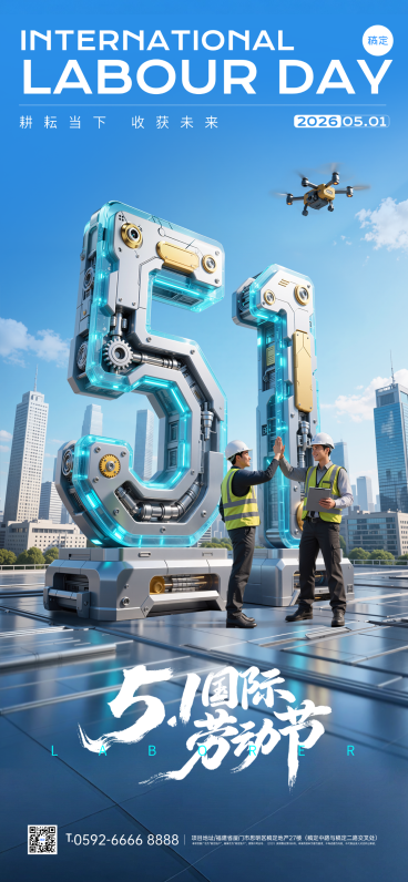 51五一劳动节节日祝福科技大字全屏海报AIGC预览效果