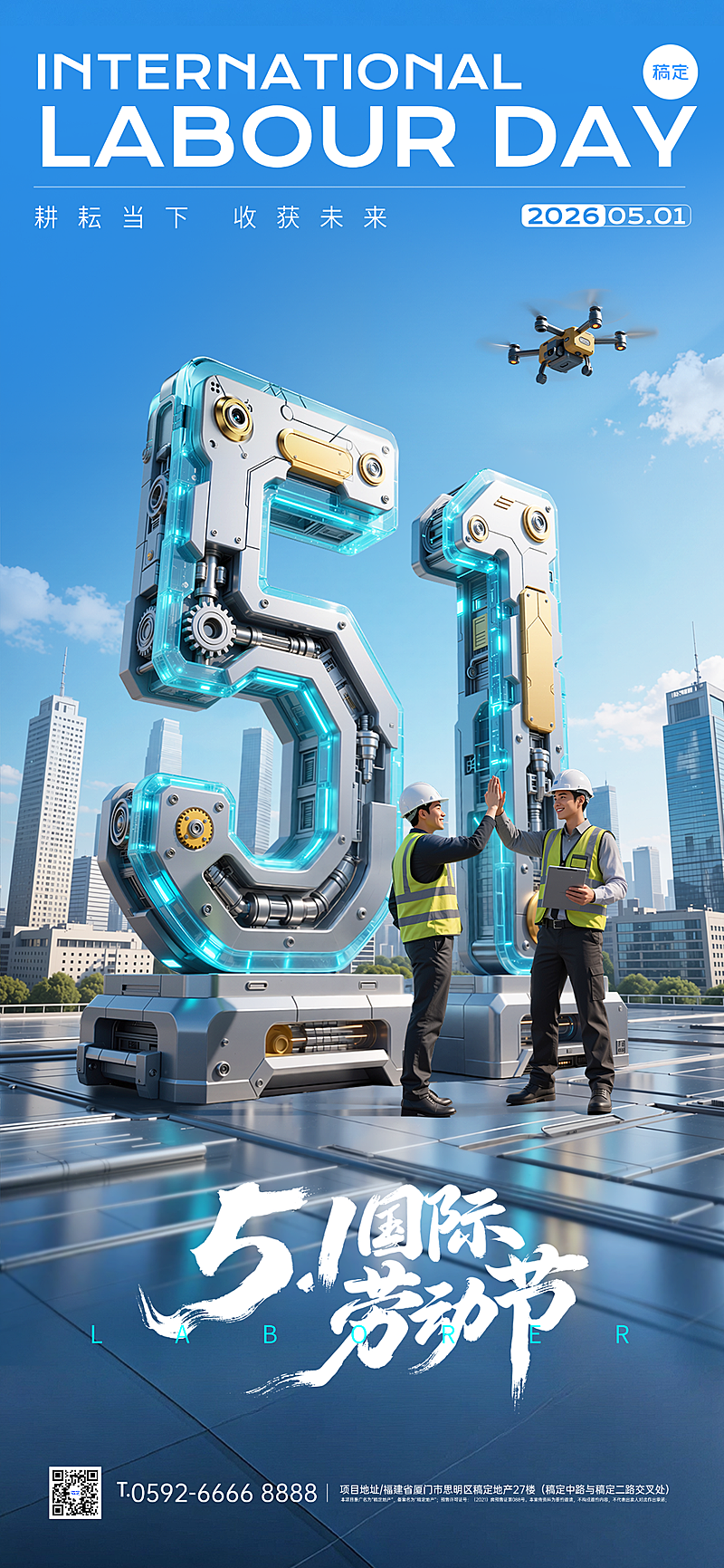 51五一劳动节节日祝福科技大字全屏海报AIGC