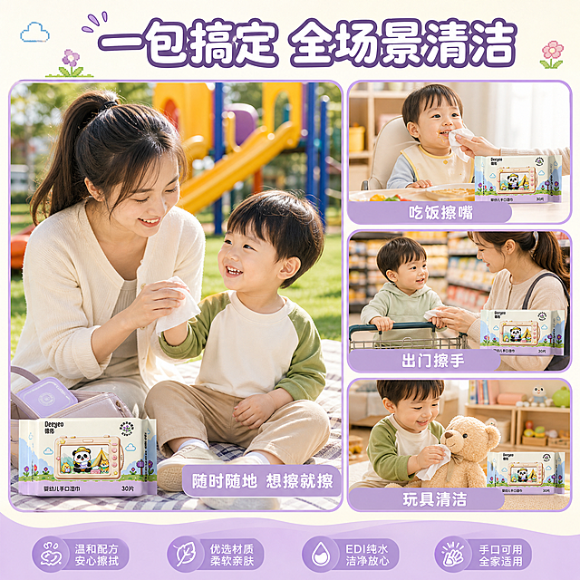 [主图-4] 多场景适用图，主题：一包搞定 全场景清洁。展示湿巾在不同育儿场景的使用，让宝妈感知实用性。
[统一基调] 温馨治愈亲子氛围，柔和暖调自然光，奶油白+浅紫+浅绿主色，圆润黑体软萌标题，圆角胶囊卖点标签，整体干净通透、宝宝肌肤友好、安全可信。
[画面] 采用大小错落的宫格布局（1大3小），主场景+3个小场景卡片，统一浅紫圆角边框。主大场景（占画面约50%）：户外游乐园，宝宝玩滑梯后小手脏了，妈妈从包里拿出德佑湿巾给宝宝擦手，宝宝开心笑着，背景有彩色滑梯和草地。3个小场景卡片均匀分布在右侧：卡片1（上）"吃饭擦嘴"——宝宝坐在餐椅上，嘴边有饭粒，用湿巾擦嘴；卡片2（中）"出门擦手"——宝宝在超市推购物车，妈妈用湿巾擦宝宝小手；卡片3（下）"玩具清洁"——宝宝的毛绒玩具旁放着湿巾，正在擦拭玩具。每个小场景中都清晰可见德佑婴幼儿手口湿巾包装（30片装，像素风熊猫露营包装，外观与输入图完全一致）。
[光影质感] 商业摄影质感，各场景均为柔和自然光，色调统一，人物表情自然，产品融入场景。
[配色] 主色奶油白+浅紫+浅绿，各场景色调统一为暖调明亮风格。
[文字版式] 顶部大标题"一包搞定 全场景清洁"，圆润粗黑体，深紫色字，横跨画面上方。每个小场景卡片底部有对应场景标签，圆角浅紫底白字。主场景右下角有小标签"随时随地 想擦就擦"。文字不遮挡人物脸部和产品主体。
[输出要求] 1:1正方形，2048x2048，文字清晰可读，各场景人物自然。负向：禁止出现天猫超市、天猫旗舰店等平台文案，禁止绝对化用语，禁止人物面部扭曲、手指畸形，禁止产品变形色差。
