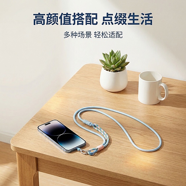 [垫图] https://gdesign-dam-hz.dancf.com/35838238680655907/bb8a350ea035436c88bc48e404d6b0f1.jpg
[主图主题]手机挂绳室内使用展示场景
[氛围/风格]清新简约家居场景，干净温馨氛围感
[画面元素]浅蓝手机挂绳挂在放于原木桌面的手机上，旁边搭配一小株绿色绿植和白色陶瓷杯，整体摆放自然整洁，桌面干净，光影从侧面射入，形成柔和光斑，背景为浅白墙面，全屏铺满无边框。
[配色色系]主色调：产品浅蓝；辅助色：原木色、米白、浅绿
[视角构图]45度俯视拍摄，桌面场景构图，主体突出
[文字版式]主标题 “高颜值搭配 点缀生活” 悬浮在画面上方居中，字色深蓝色加粗，副标题 “多种场景 轻松适配” 在下方浅蓝小字标注，排版简约透气，保持整体清新风格。