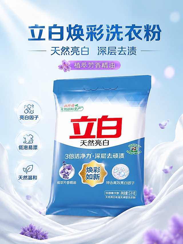 商品营销海报，写实商业摄影风格，清新洁净家居风，整体色调干净明亮，展示立白天然亮白深层去顽渍洗衣粉，100% 还原上传商品图的产品外形、包装、LOGO、印刷文字、净含量，以上传图为唯一商品主体来源，完整保留原图中的袋装轮廓、结构比例、品牌 logo、容量信息、材质质感、颜色与正面朝向。主标题文字"立白焕彩洗衣粉"，副标题文字"天然亮白 深层去渍"，装饰文案"植萃芳香精油"，卖点标签文字"亮白因子"、"低泡易漂"、"天然温和"。产品悬浮展示于渐变浅蓝色干净背景，搭配白色干净纱布承托，顶部柔光，点缀淡紫色光斑，版式精美，文字清晰不遮挡主体，商品转化海报，3:4比例