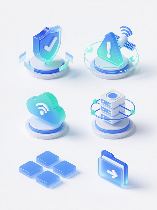科技感十足的软3D风设计，图标简洁现代，展现未来科技与数据安全的创意理念。