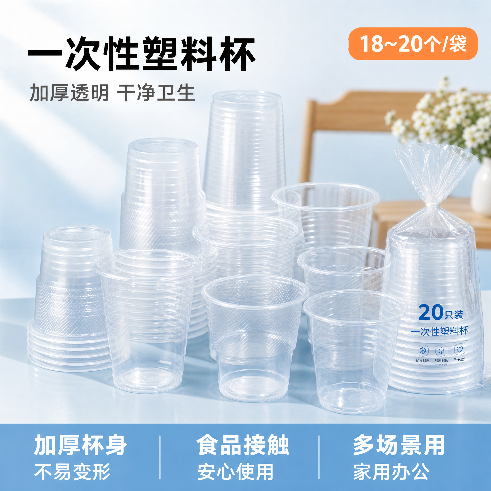 [主图-1] 一次性塑料水杯洁净囤货首图，突出量大实惠与干净卫… - 图片创意预览