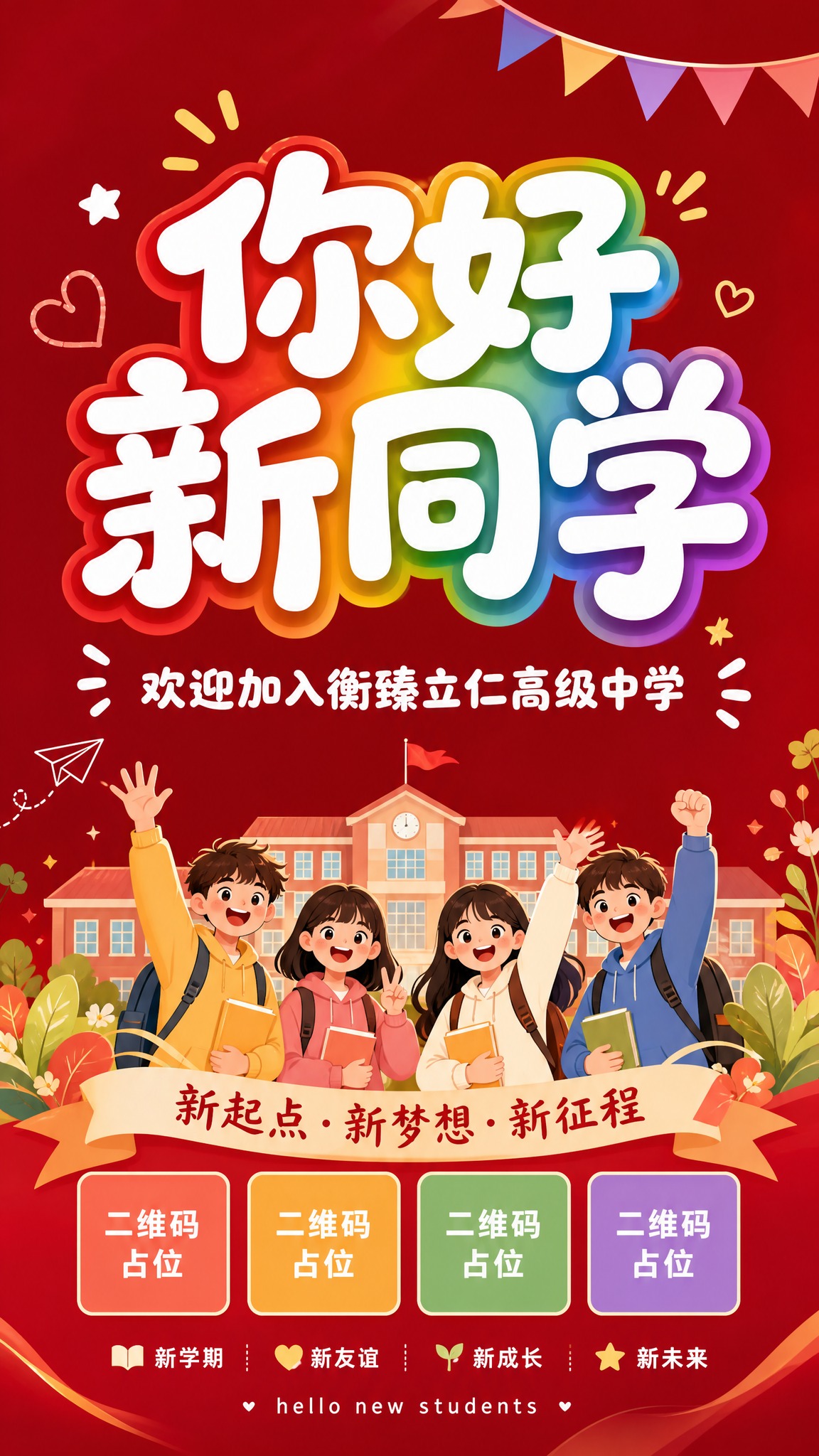 参考图中的圆润可爱卡通字体风格，制作一张竖版新生入学欢迎海报。… - 图片创意预览