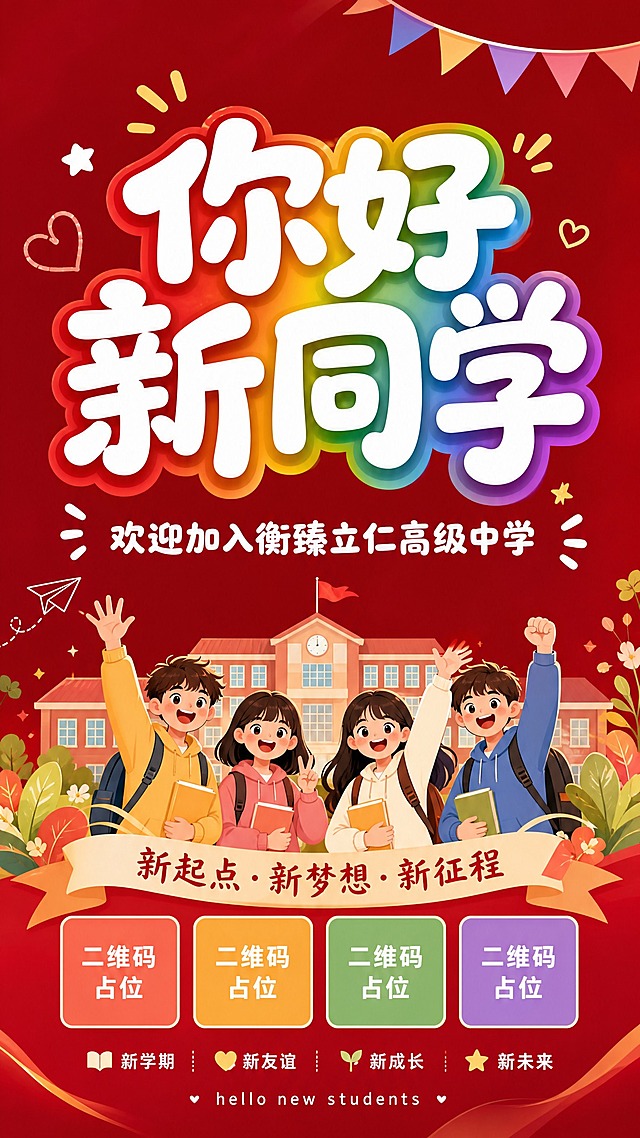 参考图中的圆润可爱卡通字体风格，制作一张竖版新生入学欢迎海报。背景为协调的深红色渐变底色（偏红但不刺眼，温暖喜庆感）。画面中央上方是超大主标题："你好新同学"，字体为圆润可爱的卡通粗体，白色填充并带有彩虹色渐变描边/光晕效果，醒目突出。主标题下方是副标题："欢迎加入衡臻立仁高级中学"，白色字体，字号适中。最底部是英文小字："hello new students"，白色小巧字体。整体版式居中对齐，四周留足边距，排版精美。画面中所有二维码区域使用纯色方块占位符呈现，方块中央标注"二维码占位"文字，严禁生成任何可识别的二维码图案。画面中所有信息区域必须填充完整合理的内容，不得出现空白框、空白占位、横线待填写区域，确保是完整可用的成品海报。2K超清画质，温暖喜庆的校园迎新氛围。