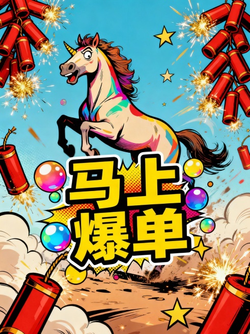 在一个色彩斑斓且充满动感的画面中，以漫画风格呈现的表情包骏马活力十足地在噼里啪啦的鞭炮之间进行跑酷。骏马形象夸张有趣，五官带着表情包特有的搞怪神情，身上色彩丰富，线条简洁明快勾勒出它灵动的身姿。
鞭炮预览效果