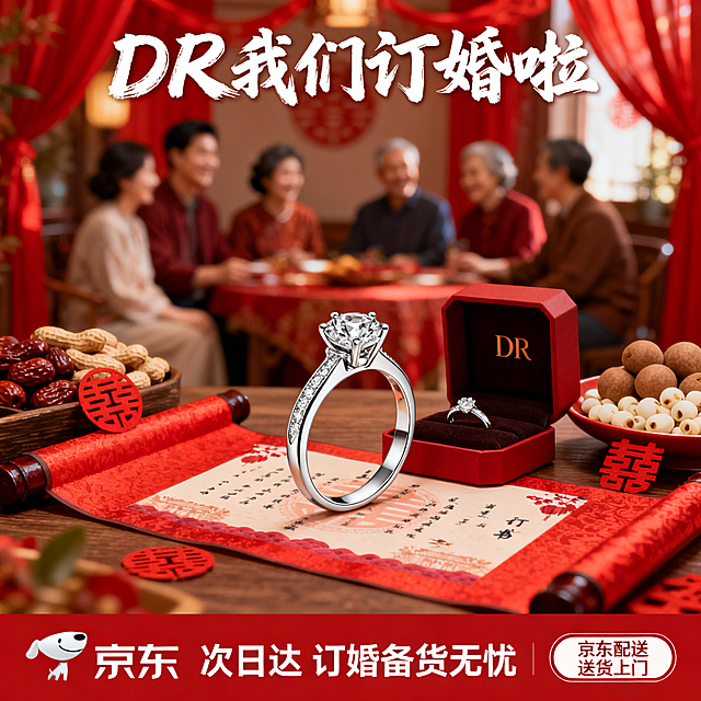 居家订婚宴场景DR订婚戒指电商主图，1:1比例。顶部用喜庆书法字体写"DR 我们订婚啦"。中部DR戒指放置在中式红色订婚书旁，周围搭配喜字摆件、红枣花生桂圆莲子喜果盘，背景是虚化的红色喜幔和家人围坐的温馨模糊身影，暖调光线充满烟火气和幸福感，突出订婚的喜庆氛围。底部通栏为中国红，左侧放京东logo，中间白色字写"次日达 订婚备货无忧"，右侧标注"京东配送 送货上门"，文字不遮挡戒指和核心场景元素，整体风格喜庆温暖。