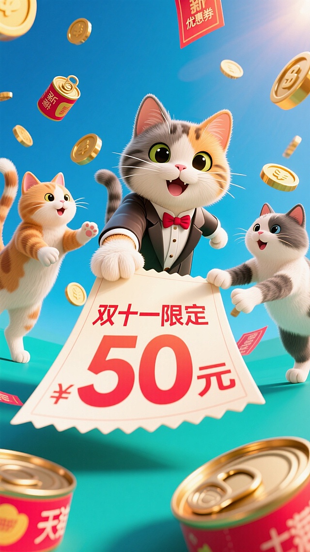 强烈鱼眼镜头畸变，视觉冲击力强，大幅度夸张动作，比例夸张。画面前景中，一张写着 “双十一限定 50 元” 的优惠券（因为角度的原因，红包看起来很大）被一名身穿穿搭优雅的小猫伸到前面抢到，左边盒右边的小猫都伸出手抢夺。画面围绕着闪现猫罐头、金币、优惠券