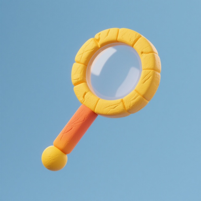以3D粘土风格塑造，一个黄色放大镜图标由厚实圆润的粘土构成，圆形镜片保持透明质感，镜框为明亮的橙黄色粘土块，表面带有手工捏制的纹理和指痕，镜柄是渐变橙色的粘土条，末端点缀黄色粘土小圆球，整体造型憨态可掬，色彩饱和，充满手工制作的温暖感。预览效果