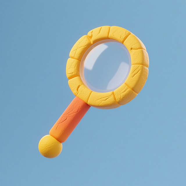 以3D粘土风格塑造，一个黄色放大镜图标由厚实圆润的粘土构成，圆形镜片保持透明质感，镜框为明亮的橙黄色粘土块，表面带有手工捏制的纹理和指痕，镜柄是渐变橙色的粘土条，末端点缀黄色粘土小圆球，整体造型憨态可掬，色彩饱和，充满手工制作的温暖感。