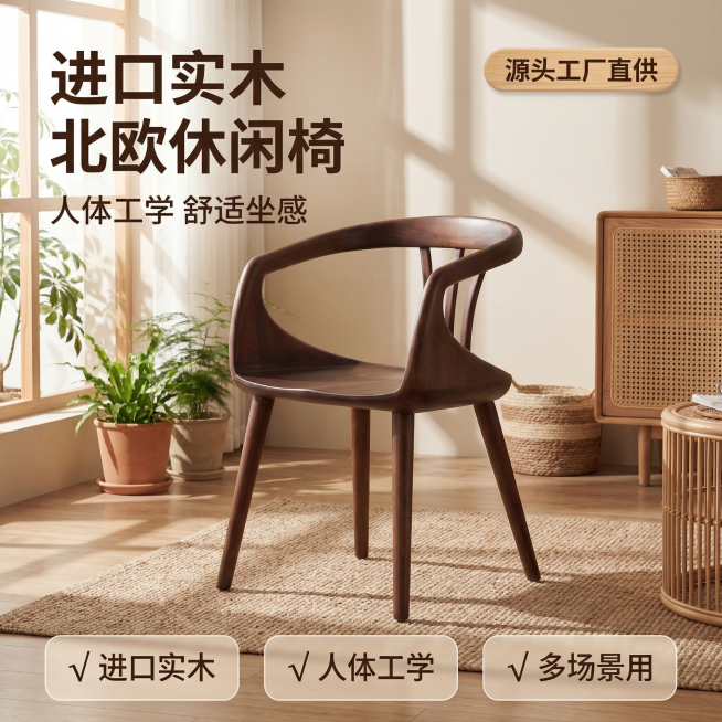 [主图 1] 空间场景氛围主图
[主图主题] 进口实木北欧休闲椅
[氛围/风格] 原木风北欧现代简约，温馨居家生活感，温馨暖调自然光，午后慵懒光斑
[画面元素] 深胡桃色进口实木扶手椅子完整展示在画面预览效果