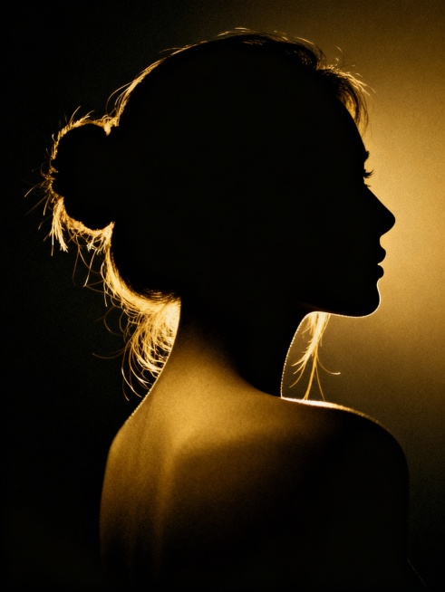 女性侧脸剪影，发丝在轮廓边缘被柔和光线勾勒出细腻的金色高光，头发在脑后盘成发髻，几缕碎发自然垂落。深色背景与人物形成强烈对比，光线从侧后方照射，在颈部和肩部形成渐变的柔和光影过渡，整体氛围神秘而优雅，画面简洁，突出人物轮廓的曲线美和光影的层次感。预览效果