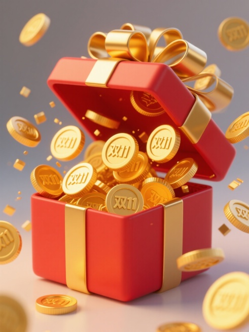 3D立体风格电商促销素材，红色礼品盒带有金色丝带，盒盖打开，大量金黄色方形金币从盒中涌出，金币表面带有“双11”字样，金属质感强烈，高光与阴影过渡自然，边缘有精致的圆形纹路，整体呈现欢快热烈的氛围，适合电商平台双11活动装饰。预览效果