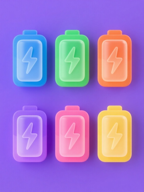 一组6个不同配色的软3D风格图标合集，图标类目保持为能源/电池相关，每个图标均为简洁的电池形状内嵌闪电符号，采用光滑的半透明渐变材质，带有柔和的环境光和轻微的底部阴影以增强立体感。图标整体排布规整，每个图标拥有独立的纯色背景（如蓝色、绿色、橙色、紫色、粉色、黄色），画面整体色彩明快且对比鲜明，保持一致的现代简约设计感和软3D视觉效果，无任何文字、LOGO、电话地址及二维码元素。预览效果