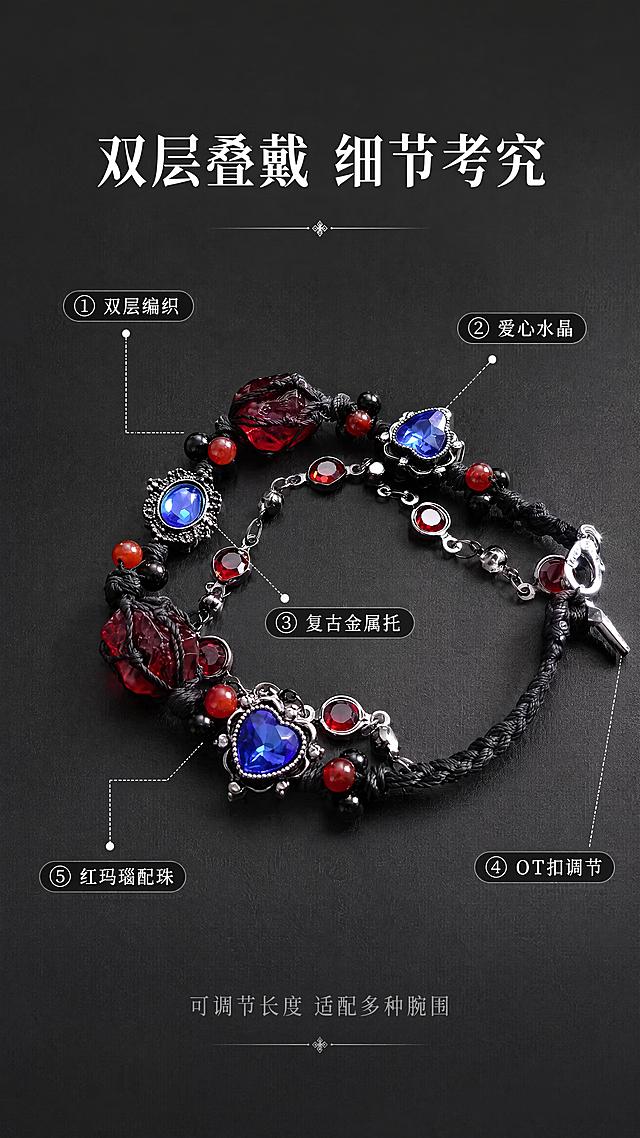 [第3屏] 产品解析-双层叠戴结构与OT扣设计页。本屏使用【图1】作为商品主体，展示手链整体结构，保持外观与原图一致。
[氛围/风格] 暗黑高级产品解析风，结构清晰，商业摄影质感。
[元素布局] 手链平铺展开呈弧形置于画面中央，占比约60%；背景为深灰色哑光质感台面；从手链关键部位引出细线标注：①双层编织结构 ②红蓝爱心水晶 ③做旧金属托座 ④OT扣调节设计 ⑤红玛瑙圆珠；每个标注配短标签；台面有微弱反光。
[光影质感] 顶部均匀柔光，手链各部位清晰可见，金属配件有高光，编织绳纹理清晰，投影自然向下，整体明亮有层次。
[配色色系] 全局底色 #2A2A2A 深灰；主色 银白标注线 + 酒红/宝蓝强调色；辅助色 炭黑、浅灰。
[视角构图] 正俯视平铺视角，手链居中，标注线从四周引出，阅读动线从中心产品向四周扩散。
[文字版式] 顶部主标题「双层叠戴 细节考究」白色衬线字体居中；五个标注标签为黑底白字圆角小标签，分别标注：「双层编织」「爱心水晶」「复古金属托」「OT扣调节」「红玛瑙配珠」；文字清晰不遮挡主体；底部小字「可调节长度 适配多种腕围」浅灰色。
[比例分辨率] 9:16竖版比例，4K分辨率，文字清晰可辨，高清画质。
[负向提示词] 手链结构变形，缺件，颜色偏差，人脸出现，水印，文字错乱，产品模糊。