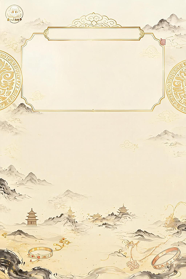 [第1屏] 详情页封面-金小六讲故事第五期《金韵万象：黄金的文化寓意与品类区分》课程封面。本屏风格参考【图1】【图2】国风水墨加卡通插画设计风格。
[氛围/风格] 中式国风，多层次鎏金质感，暖金色调，柔和水墨底纹搭配卡通插画，文化科普质感。
[元素布局] 顶部留主标题区域，中部放置叙事口吻对话框，右下角放置卡通勘探队员金小六形象，底部搭配金冠、婚嫁金饰、金条、彩金首饰半透明剪影，整体元素分布疏密得当，主体文字突出。
[光影质感] 整体柔光均匀分布，鎏金背景带有细腻光泽层次，文字清晰不发虚。
[配色色系] 全局底色#F7F0E3，主色调暖金棕，辅助色浅米白，点缀金小六橙色工装。
[视角构图] 竖版居中构图，标题→对话→人物元素从上到下符合移动端阅读动线。
[文字版式] 顶部主标题："金小六讲故事——第五期"，副标题："金韵万象：黄金的文化寓意与品类区分"，加粗棕色书法字体；中部对话框放置文案："前面我们看完黄金文物历史、金融经济价值，这期解锁黄金的精神寓意与材质工艺！从权力象征、吉祥祝福、时尚美学，再到足金、K金、镀金专业区分，带你读懂黄金背后的文化内涵与匠人工艺。"，清晰宋体排版，文字不遮挡主体元素，字号适配移动端阅读。
[比例分辨率] 2:3竖版比例，4K分辨率，文字清晰可辨，高清画质。
[负向提示词] 文字错乱，文字过小，结构错误，颜色偏差，背景杂乱，水印，变形