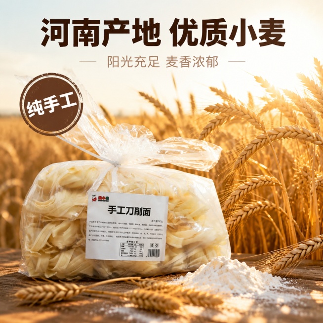 [主图-2] 手工刀削面核心卖点产地溯源图
[氛围风格] 自然真实麦田产地氛围，突出原料优质
[画质] 商业摄影质感、光线柔和通透、产品清晰真实、画面干净高级
[元素] 左侧放置完整的豫小憨手工刀削面预览效果