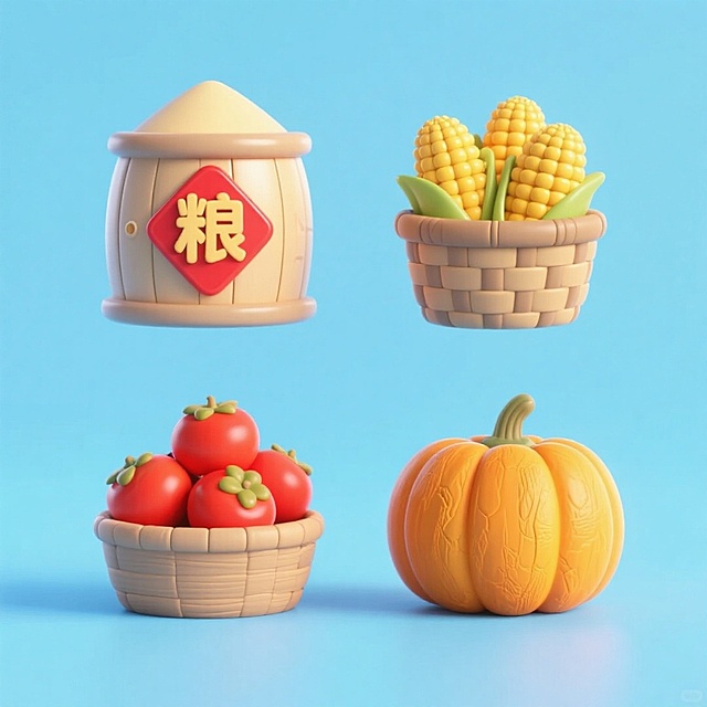 软3D风+粘土感，卡通化秋收元素，重拟物细节，清新蓝底衬托丰收喜庆，充满可爱与节日氛围。