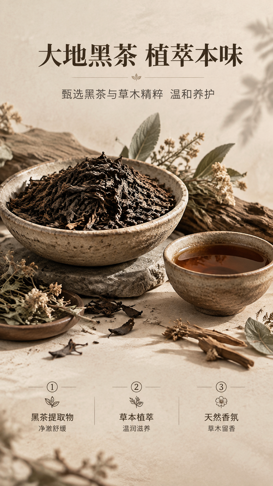 [商品] 成分香调专页，以黑茶原料与自然植物为主视觉，可不带产… - 图片创意预览