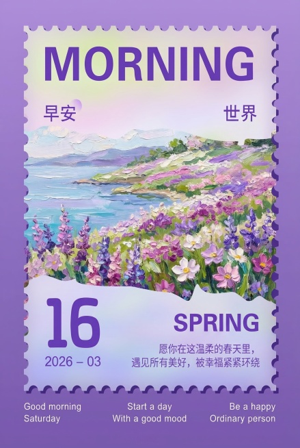 参考图片风格生成春日日签图，竖版邮票造型，紫色系渐变背景，厚油彩笔触印象派画风，春日风景，湖畔开满花的山坡，邮票边框带齿状，保留文字排版结构，顶部写大写"MORNING"，左下角标注日期"16 202预览效果