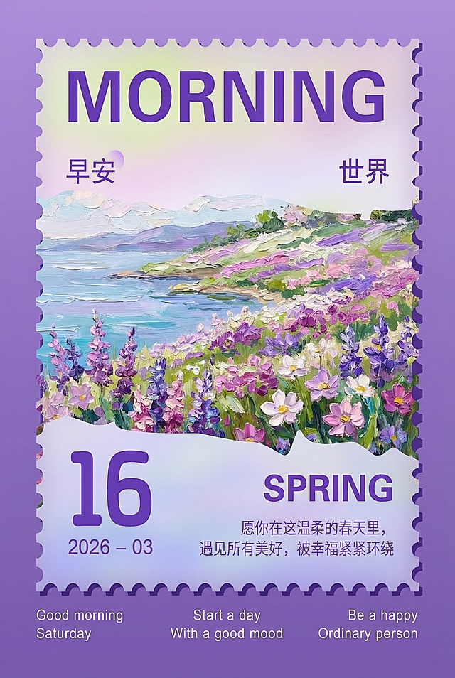 梦幻感与清新感交织的春日邮票插画，厚涂笔触呈现油画风花海，手账风排版搭配柔和色系，唯美风格传递春日晨光中的温柔祝福。