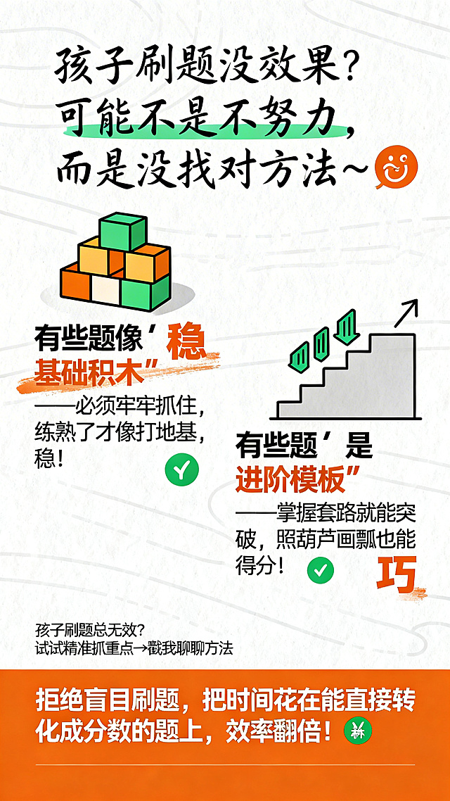 竖版朋友圈海报，亲切易懂的学习干货风格，主色调为温暖橙色和清爽绿色，浅白色背景搭配淡灰色线条，整体视觉轻快。
顶部手写体文字："孩子刷题没效果？可能不是不努力，而是没找对方法～😊"
中间分左右两部分：左侧积木堆叠图标🧱，文字"有些题像'基础积木'——必须牢牢抓住，练熟了才像打地基，稳！"，基础题强调"稳"；右侧阶梯向上图标📈，文字"有些题是'进阶模板'——掌握套路就能突破，照葫芦画瓢也能得分！"，进阶题强调"巧"。重点句子用橙色加粗，比喻部分用绿色图标呼应。
底部橙色背景条突出核心观点："拒绝盲目刷题，把时间花在能直接转化成分数的题上，效率翻倍！💪"
左下角小字标注："孩子刷题总无效？试试精准抓重点→戳我聊聊方法"