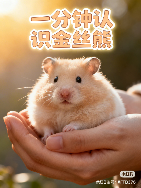 一只圆润蓬松的浅奶茶色金丝熊仓鼠，安静地团在人类温暖宽厚的手心里，毛发柔软，神态乖巧，背景有朦胧柔和的暖黄色阳光自然洒落，氛围感治愈温馨。画面顶部居中放置大字号标题“一分钟认识金丝熊”，标题是温暖可爱预览效果
