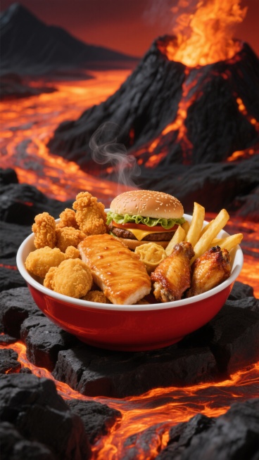 写实风格美食摄影，碗内盛满丰富多样的快餐食品，包括金黄酥脆的炸鸡块、热气腾腾的汉堡、外焦里嫩的薯条、色泽诱人的炸鸡排和鲜嫩多汁的烤鸡翅，食物细节清晰可见，油光质感饱满，碗为红色，白色内壁，置于黑色岩石之上，背景是流淌着炽热岩浆的火山场景，橙红色火焰与黑色山体形成强烈视觉对比，整体光影聚焦于食物，营造出热烈、诱人的氛围，画面构图采用中心聚焦，突出主体食物，色彩以红、橙、黑为主色调，色彩浓郁且和谐。预览效果
