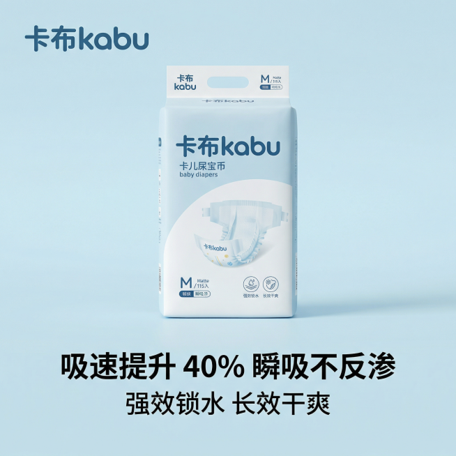 1:1竖版电商主图，极简浅蓝干净背景，无多余图案，简约高级易替换产品。严格还原卡布kabu纸尿裤产品图，包括包装设计、颜色、LOGO位置、文字内容、图案元素等所有细节，产品外观必须与参考图完全一致，不预览效果