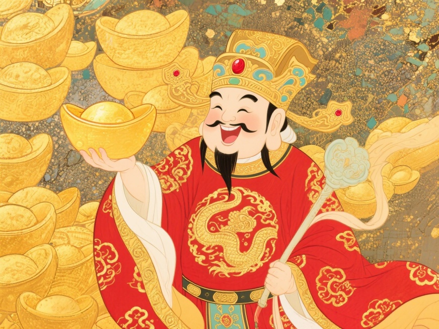 100×75cm 高清画幅，财神爷 IP 形象设计，全身立绘，国潮新中式风格，财神爷面容慈眉善目、笑容喜庆饱满，头戴鎏金财神官帽，帽檐镶红宝纹络，身着通体正红鎏金祥云纹财神袍，衣摆垂坠质感细腻，袍身满预览效果