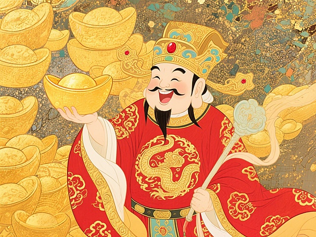 100×75cm 高清画幅，财神爷 IP 形象设计，全身立绘，国潮新中式风格，财神爷面容慈眉善目、笑容喜庆饱满，头戴鎏金财神官帽，帽檐镶红宝纹络，身着通体正红鎏金祥云纹财神袍，衣摆垂坠质感细腻，袍身满绣黄金万两纹样，右手向前送出大金元宝的经典招财动作，掌心托元宝、姿态舒展大气，左手轻握招财玉如意；背景满铺奢华金色调，层层堆叠的大金元宝、实心金砖、圆形金币、铜钱串环绕周身，空中飘飞金元宝与金箔，地面铺满黄金碎粒，光影为暖金柔光，金属质感通透高级，黄金反光细腻逼真，整体画面富丽堂皇、财运爆棚，色彩以赤金 + 正红为主，构图居中对称、人物占比协调，8K 超高清，细节拉满，线条流畅利落，商用级 IP 形象，无杂乱元素，招财喜庆氛围感拉满，适合大幅喷绘、装饰画输出