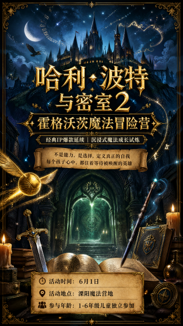 小红书封面活动海报，哈利波特魔法主题，主标题文字"哈利·波特与密室2｜霍格沃茨魔法冒险营"，副标题文字"经典IP爆款延续｜沉浸式魔法成长试炼"，核心Slogan文字"不是能力，是选择，定义真正的自我预览效果