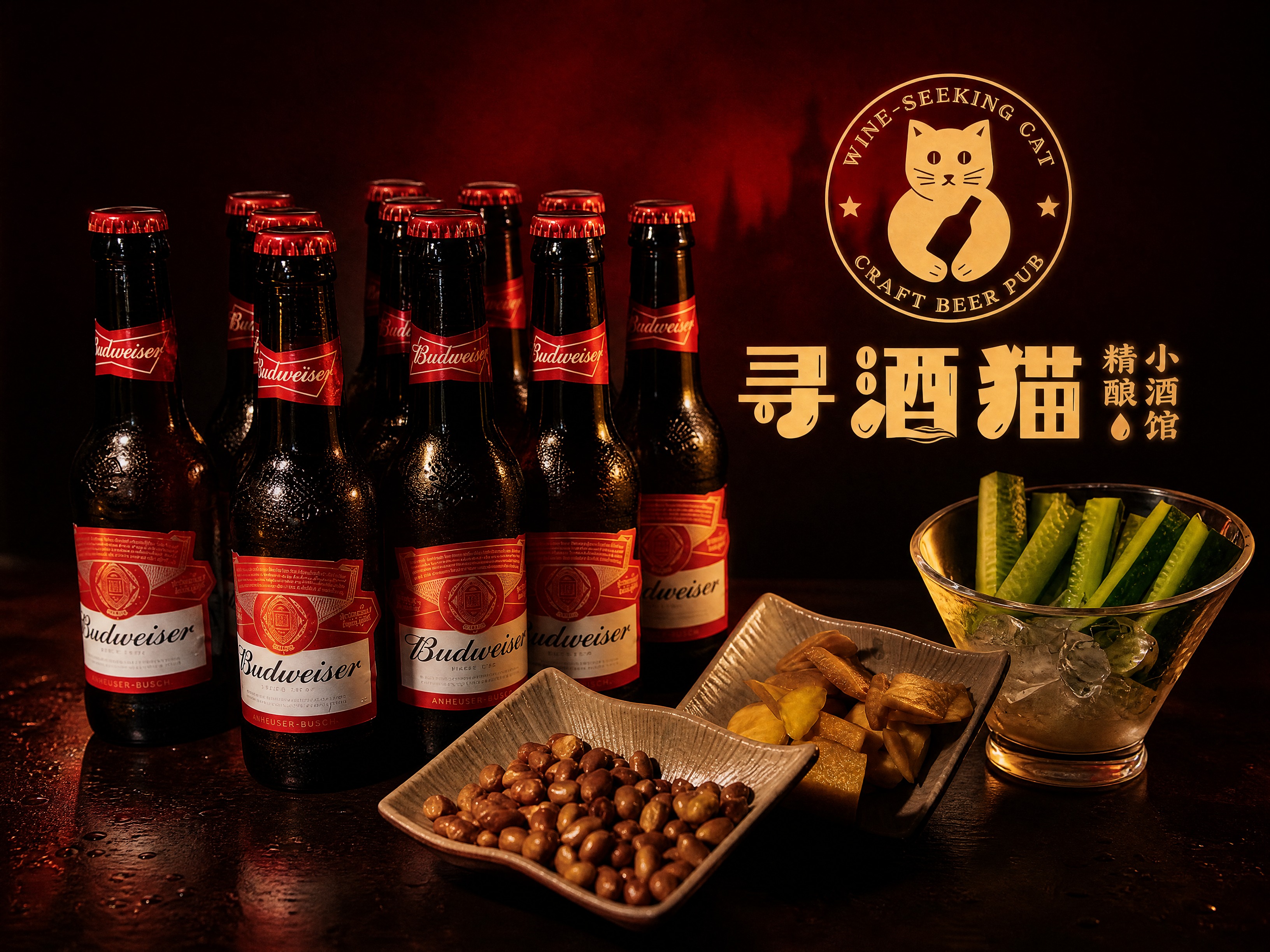 参考图的红黑高端酒馆海报风格，将主图中的百威啤酒瓶群、寻酒猫圆… - 图片创意预览