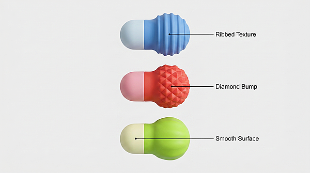 [Main image 3] Functional exploded diagram display of 3 children's sensory massage balls, one product per row separated, each product with a thin English line pointing to its texture feature, labels: "Ribbed Texture", "Diamond Bump", "Smooth Surface". Keep product appearance 100% consistent with input image, no deformation or color difference. Clean light gray background, simple professional layout, clear feature explanation, commercial technical drawing style. High contrast, clear detail display, conform to cross-border specification, no extra marketing words. [Lighting] Soft commercial bright light, uniform illumination, clear texture. [Perspective composition] Vertical layout, neat arrangement, equal spacing, clear levels. [Proportional resolution] 16:9 ratio, 2k resolution, ultra HD. [Negative prompt] Deformation, watermark, Chinese characters, blurry, messy layout, wrong labels