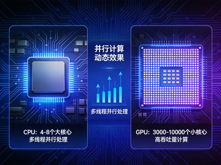 科技风芯片架构对比图，左侧展示CPU少量大核心布局，右侧展示GPU数千个小核心密集排列的众核架构，添加并行计算动态效果示意图标注，整体现代科技风格预览效果
