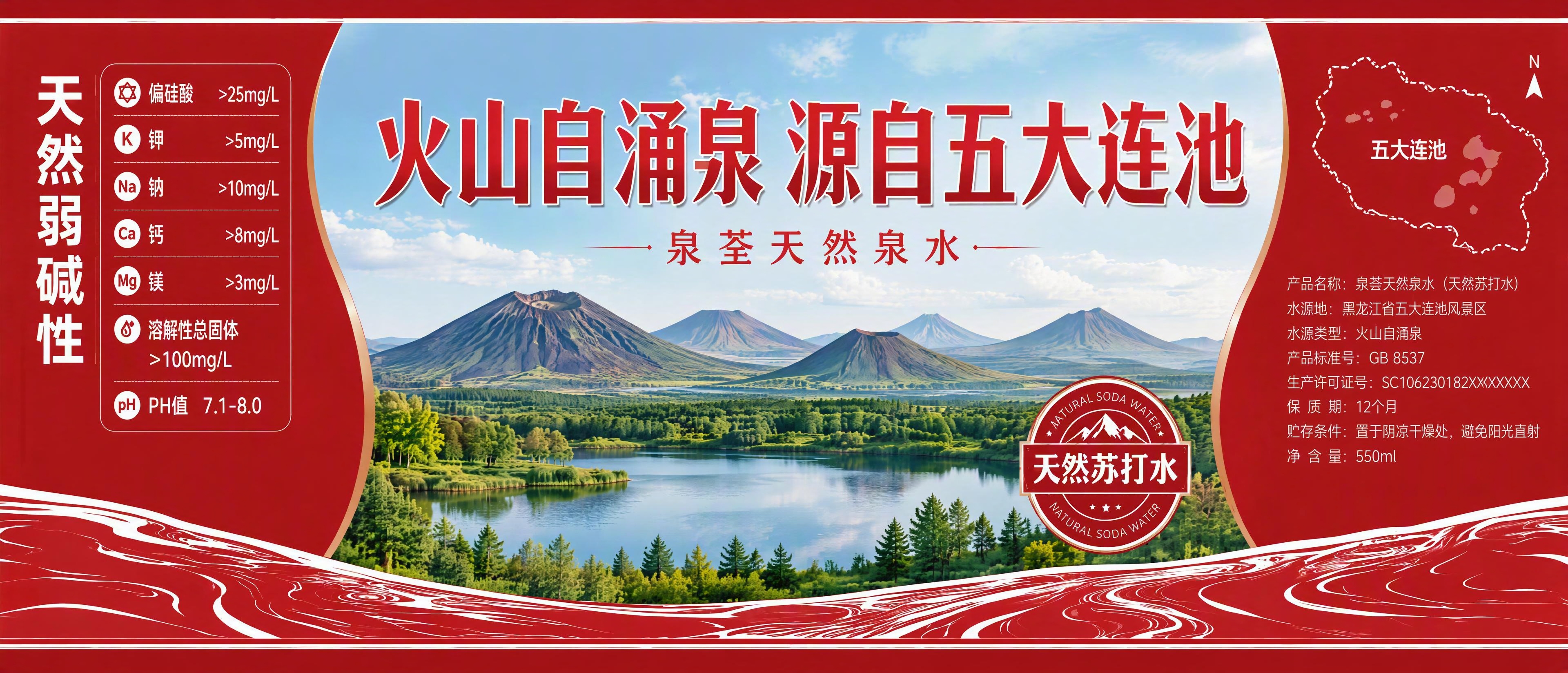 天然苏打水瓶身标签设计，整体红色主色调，长条形横幅构图。保留原… - 图片创意预览