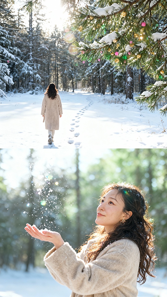 雪林深处，背影悠然踏雪前行，光影斑驳间尽显冬日静谧与浪漫。手捧雪花，阳光散射成梦幻光晕，松枝缀满节日彩球，胶片质感中流淌着温暖的圣诞氛围。