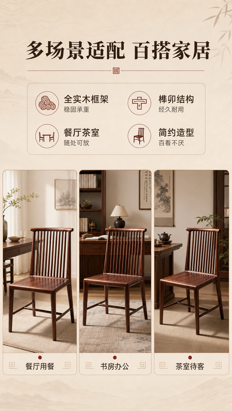 [商品] 使用【图1】【图2】胡桃木色新中式竖棂靠背实木餐椅；… - 图片创意预览