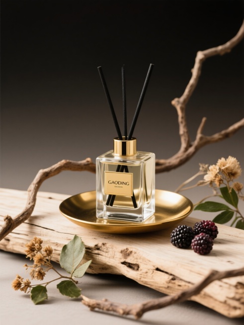 透明方形“GAODING”香薰瓶，瓶内插两根黑色香薰棒，置于金色高级盘子中，盘子立在浅色风干木头上，旁边摆放莓果，周围环绕弯曲树枝、风干干花及带绿叶的树叶，背景为黑棕灰色渐变，营造高奢氛围，摄影写实风预览效果