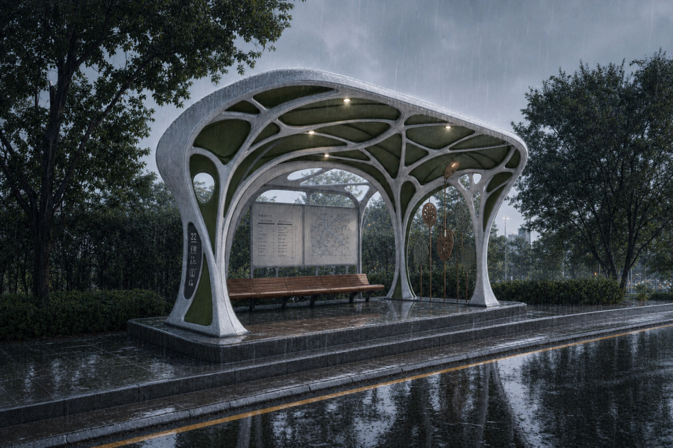 将这个公交候车亭修改为下雨时的效果图，保留候车亭的结构和造型，添加雨景效果，地面湿润有积水反光，路面被雨水打湿，营造阴雨天气的氛围，写实风格，高清质感预览效果
